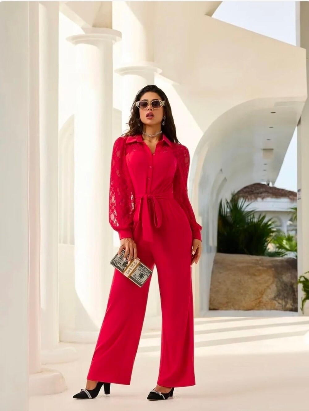 NEW- Elegant Red Lace-Sleeve Jumpsuit with Tie Waist